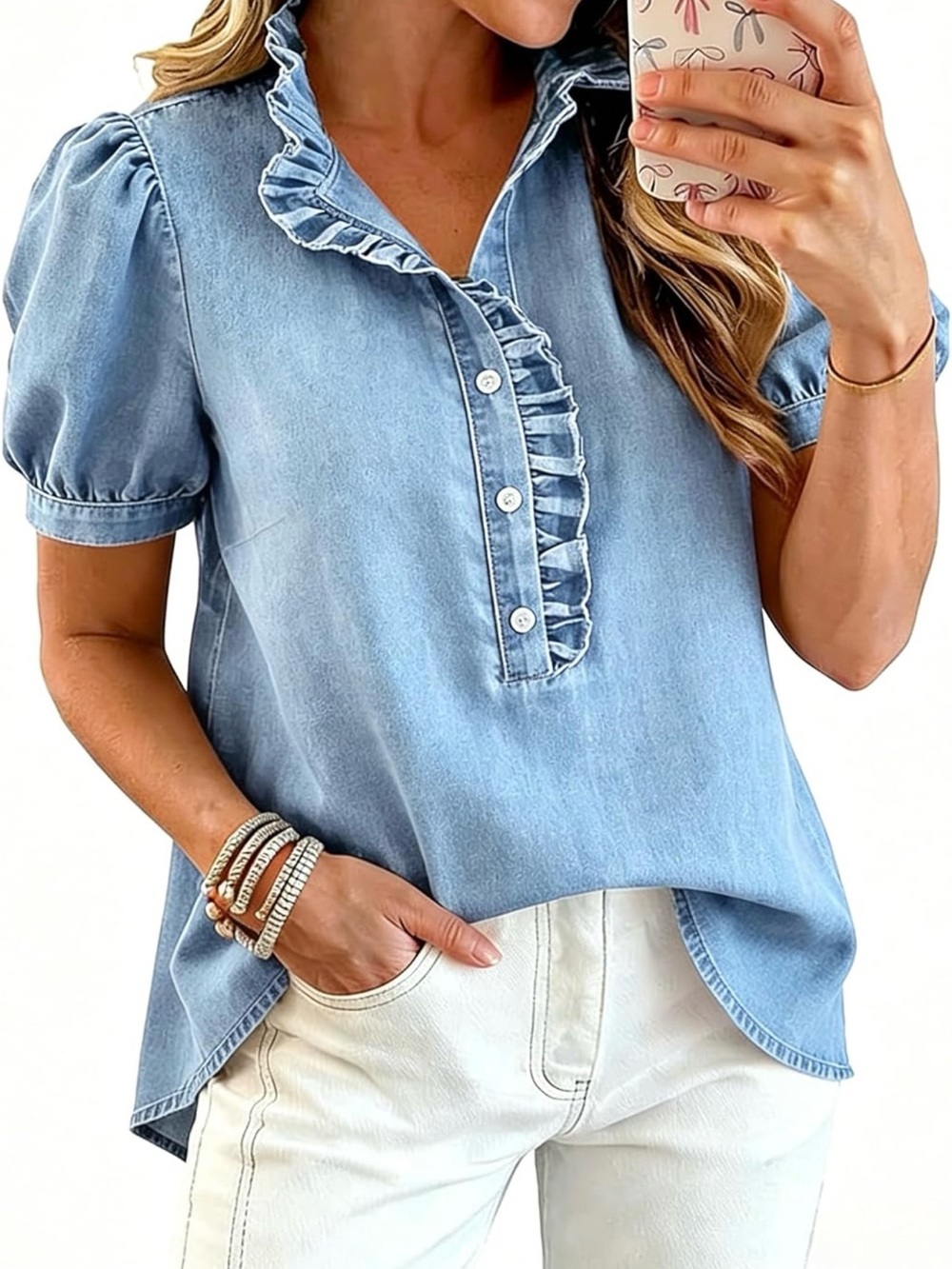 Women’s Light Blue Ruffle-Trim Button Down Top